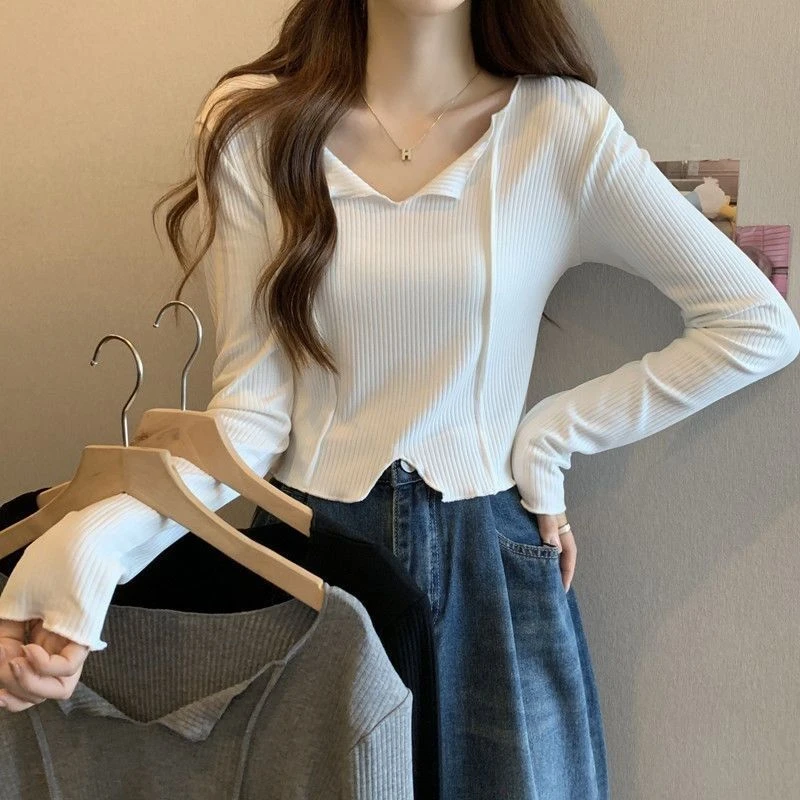 甜美学院风v领正肩T恤长袖秋季新款不规则短款辣妹显瘦打底衫上衣