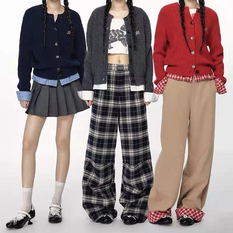 韩系假两件红色格子针织小开衫女秋冬设计感拼接毛衣外套短款上衣