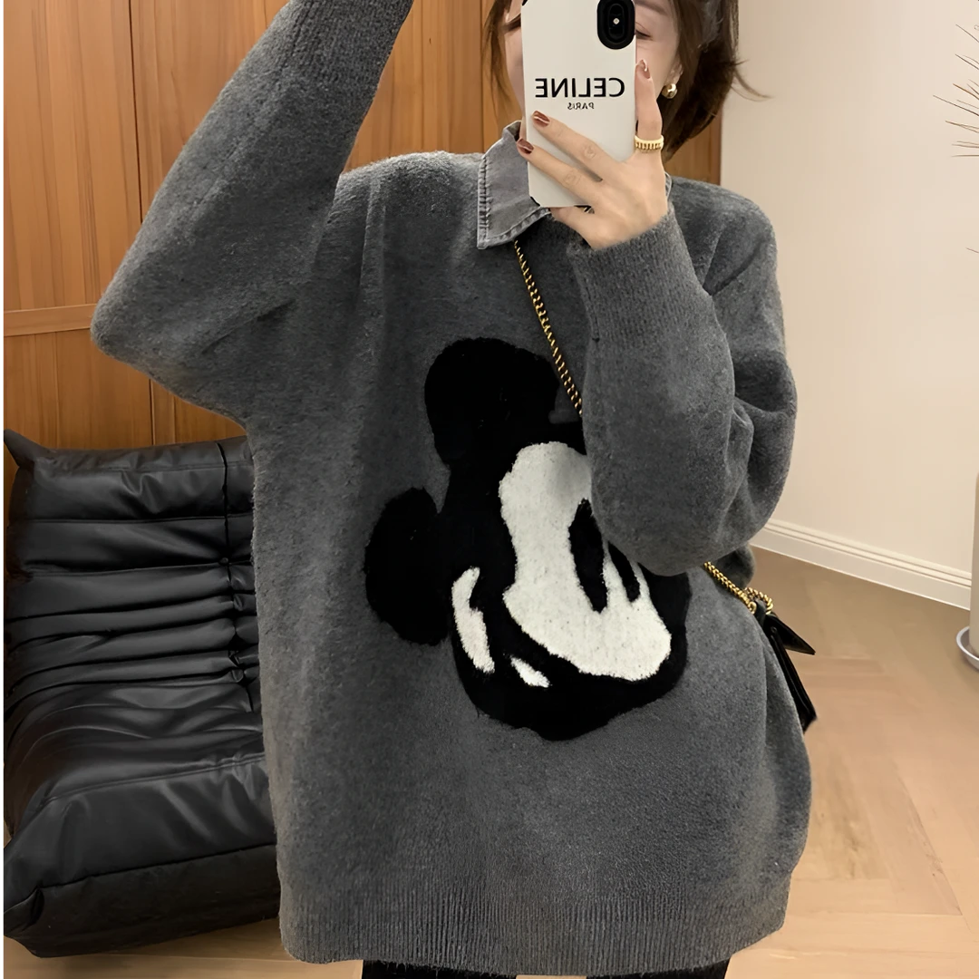 灰色卡通米奇软糯套头毛衣女中长款秋冬2023新款慵懒风宽松针织衫