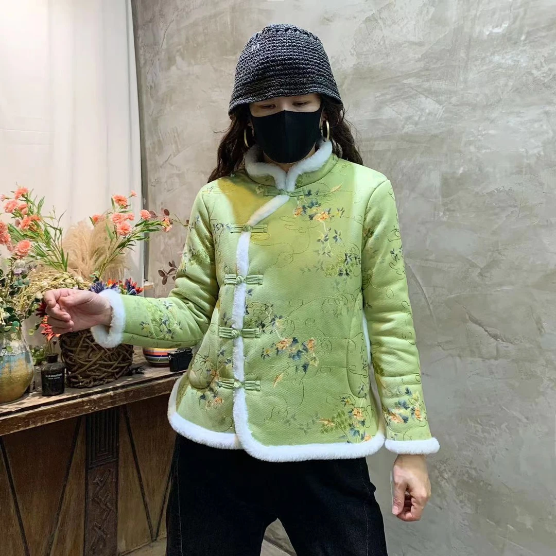 2025中式冬季新款加绒加厚盘扣刺绣中国风复古民族风花棉袄棉衣
