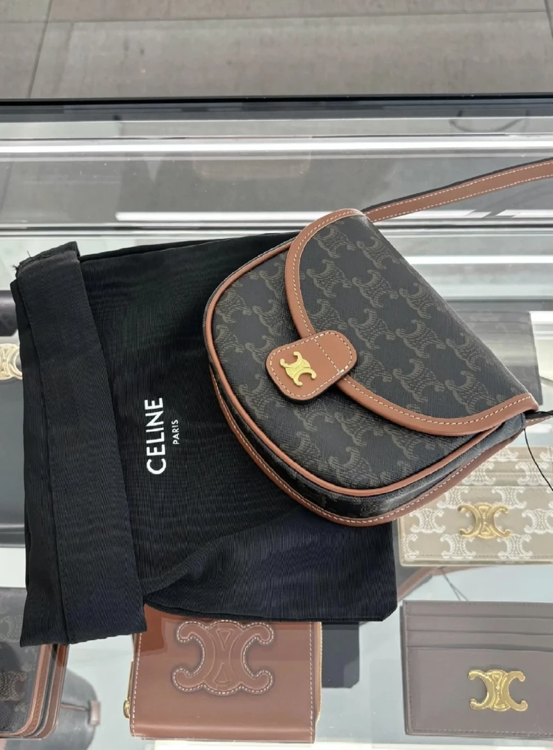 95新 Celine/思琳 马鞍包老花拼焦糖色mini迷你单肩斜挎包