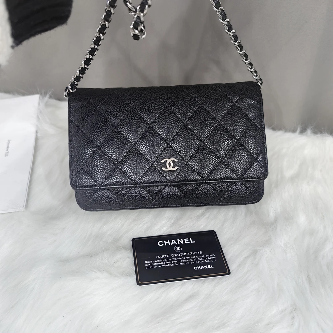 95新 Chanel/香奈儿 黑色黑银WOC单肩斜挎包链条包荔枝皮