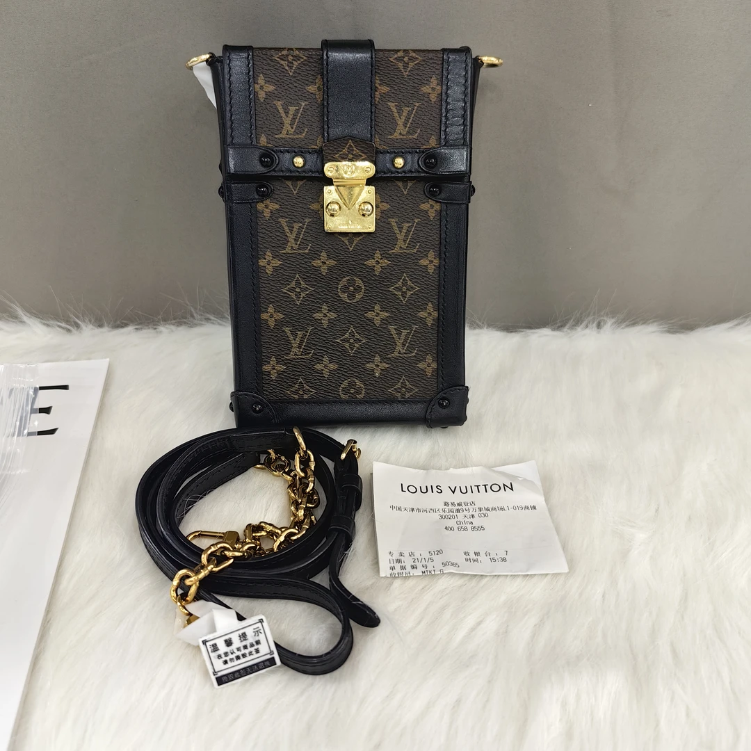 95新 LouisVuitton/路易威登 黑色拼老花手机包单肩斜挎包链条包