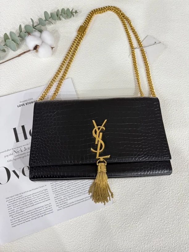95新 YSL/圣罗兰 中鳄压黑金流苏kate单肩斜挎包链条包