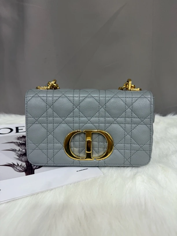 99新 DIOR/迪奥 Caro雾霾蓝色藤格纹小号链条包菱格斜跨包