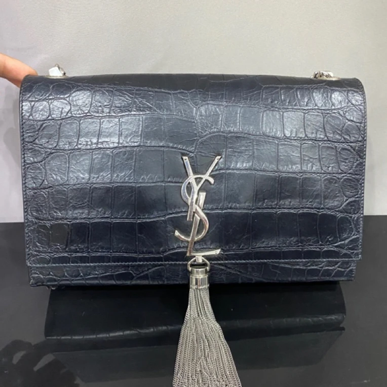 99新 YSL/圣罗兰 中号Kate流苏凯特包黑色雾面鳄鱼压纹