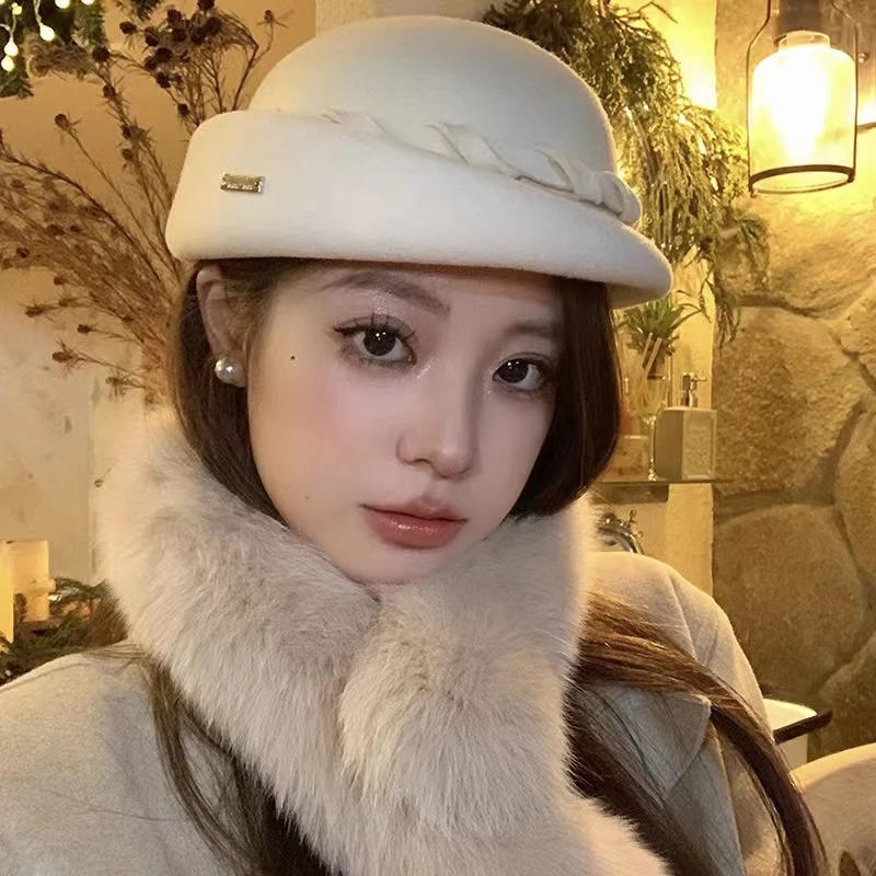 轻奢网红优雅羊毛时尚贝雷帽百搭画家帽时装帽子英伦高档卷边礼帽