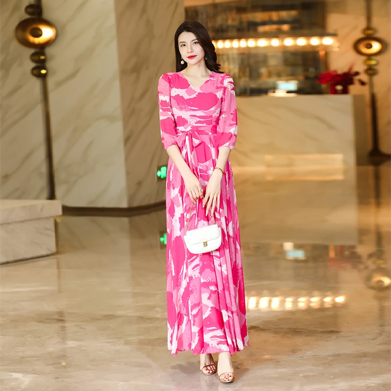 春夏秋印花时尚气质收腰显瘦轻奢大摆雪纺长款度假沙滩裙  20