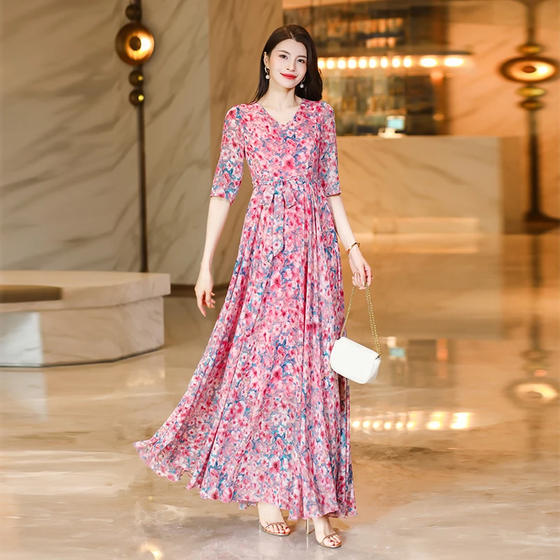 新款夏季轻奢连衣裙V领印花气质修身显瘦洋气时尚大摆裙沙长裙 44