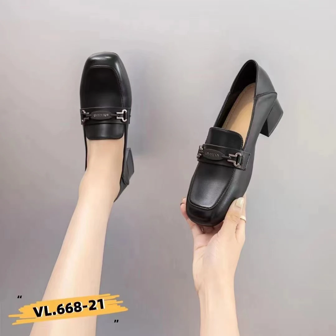 韩版气质中跟名媛浅口单鞋女2024秋新款百搭方跟职场乐福鞋668-21