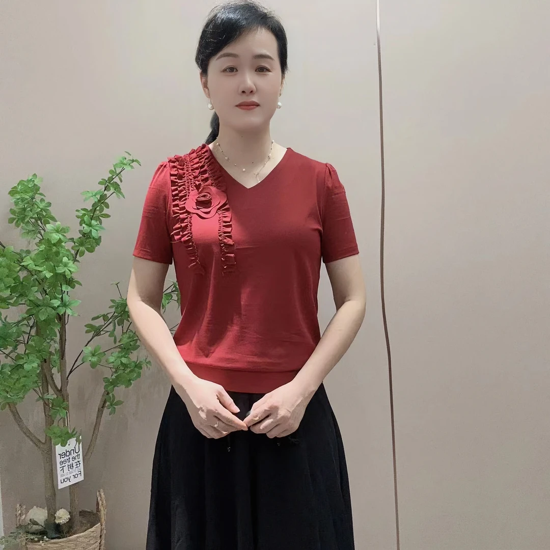 夏季新款花朵边收腰遮肉款短袖T恤68835衣长60-62