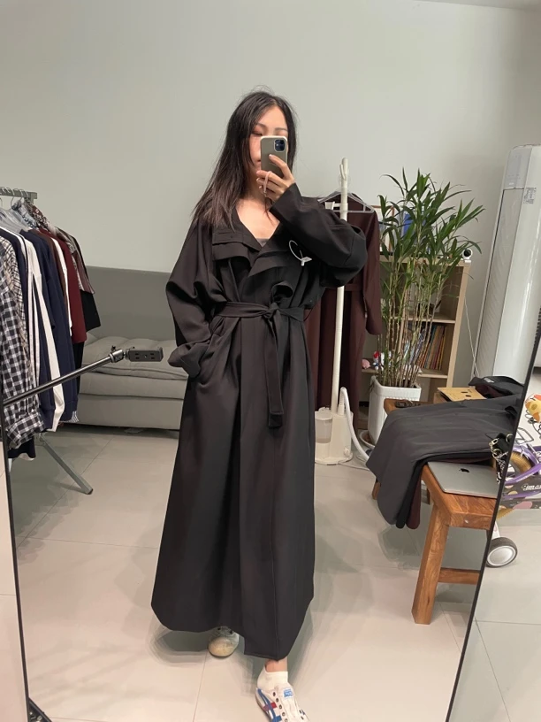 [妮美]气质时尚女士宽松收腰长款风衣外套