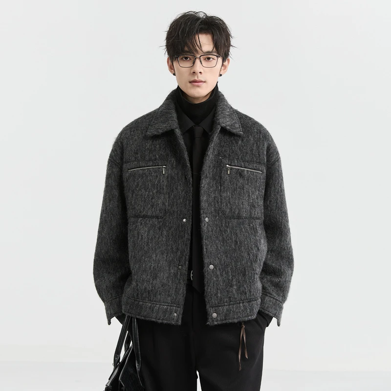 BJZE男士短款休闲毛呢加厚翻领韩版潮流宽松时尚羽绒服K451156