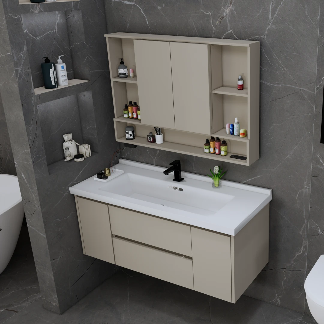 奶油风隐藏式智能风水镜浴室柜组合卫生间简约陶瓷一体洗手洗漱台