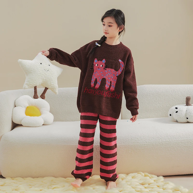 HANYOU亲子【小花狸猫】秋冬半边绒睡衣套装长袖中大童家居服JG059