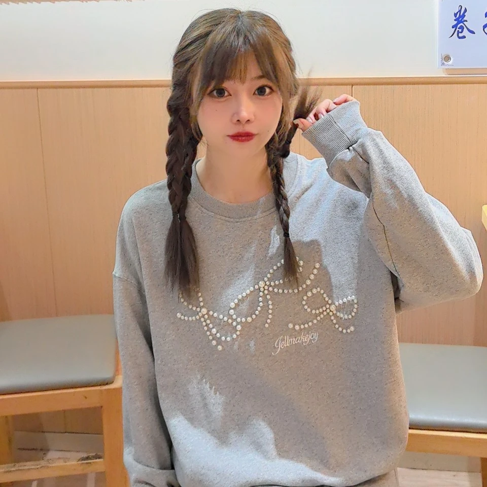 24秋韩代 美式复古钉珠蝴蝶结长袖毛圈卫衣 慵懒风宽松套头上衣