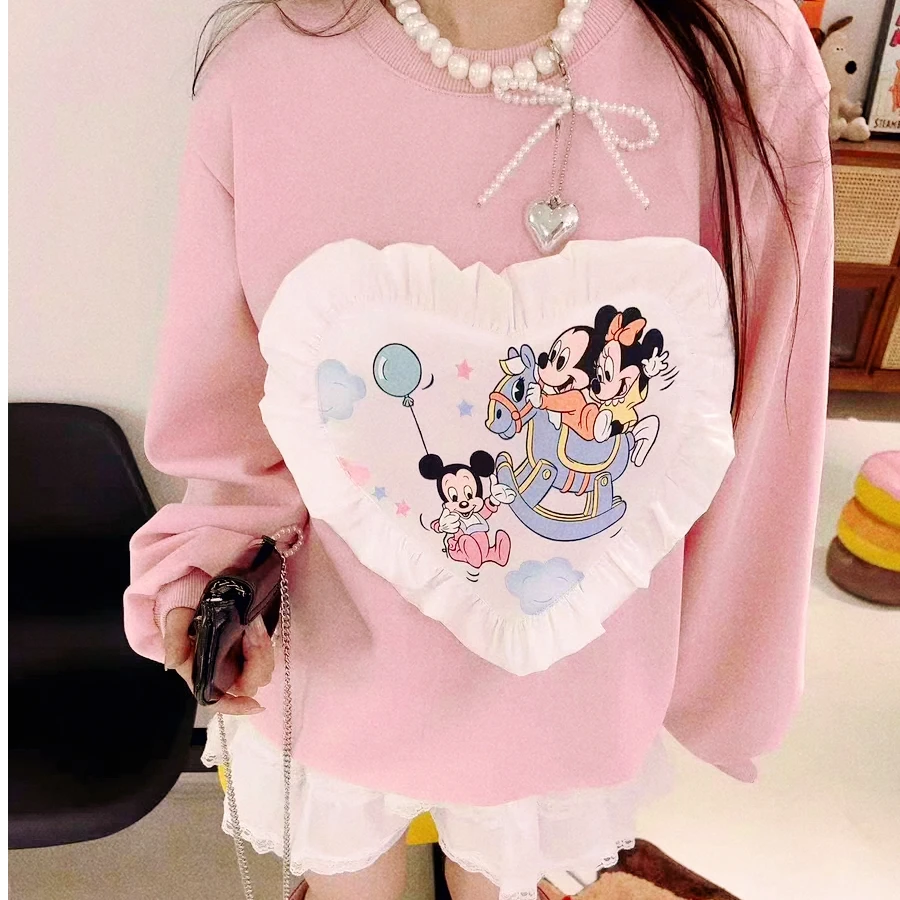 韩代25春新款甜美减龄爱心卡通印花圆领套头卫衣女 上衣