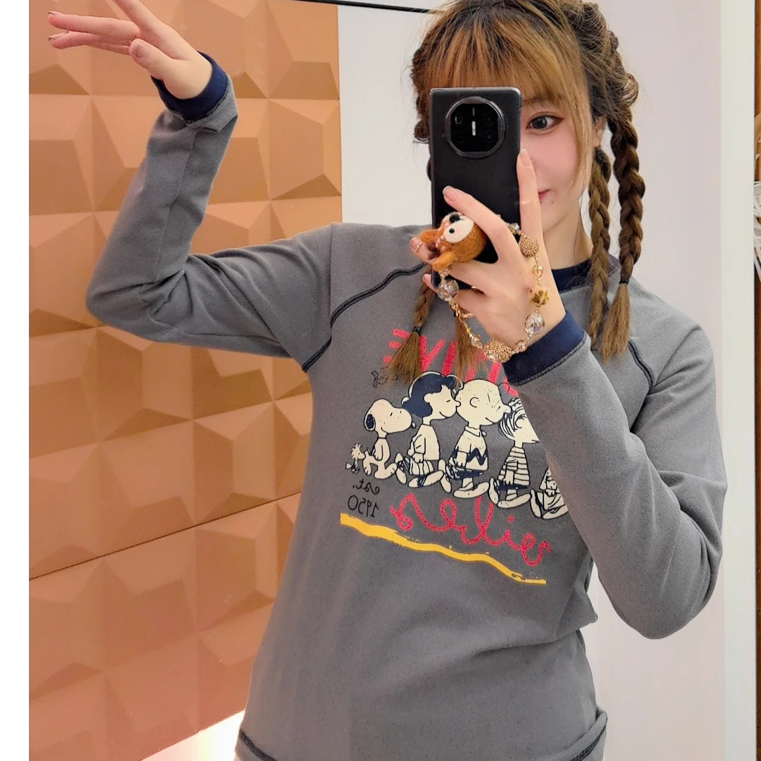 澳绒巨暖和！设计师款 复古撞色卡通字母印花长袖T恤显瘦打底上衣