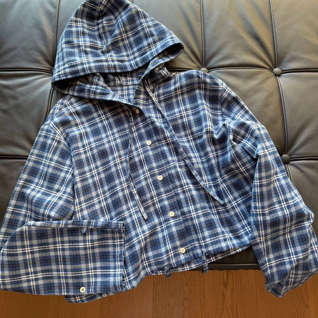 24秋 白鹿同款格纹系带收腰纽扣式连帽长袖衬衫薄款外套女 夏