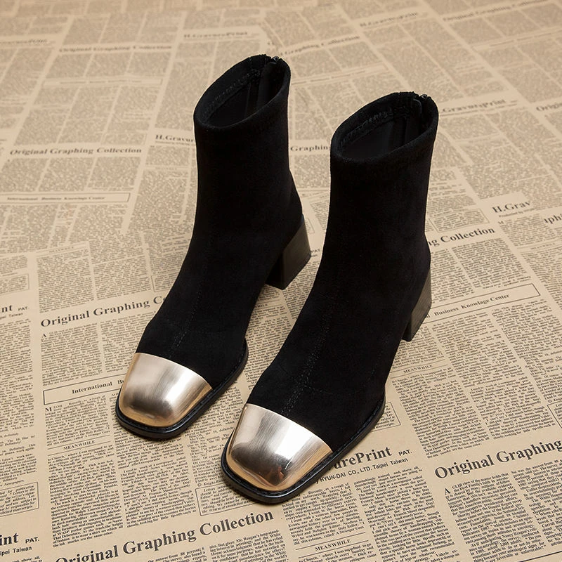 真皮女短靴2025新款秋季粗跟弹力袜靴时尚高跟瘦瘦靴潮流女靴