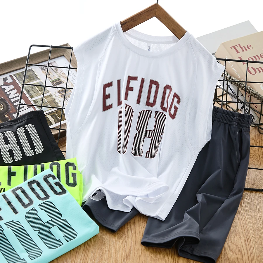 男童夏装冰丝套装2025新款儿童速干两件套中大童网眼运动背心短裤