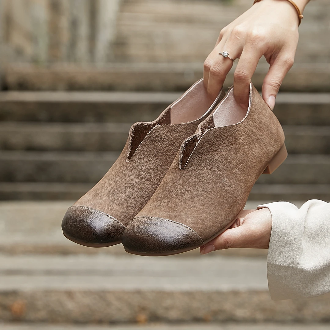 【林师傅推荐】森系文艺2024新款真皮软底复古粗跟一脚蹬女式皮鞋