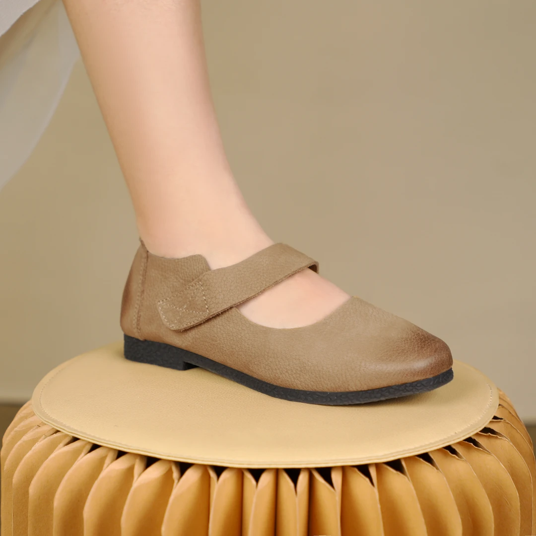 真皮单鞋女磨砂牛皮软底手工平底鞋魔术贴百搭凉鞋23CLFA15-16