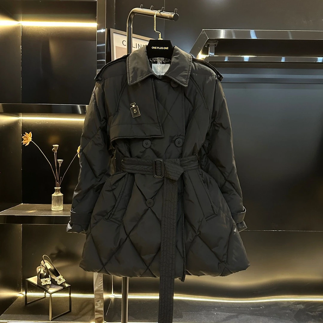 2023大码女装冬季新款小香风时尚气质中长款收腰菱形格棉服外套女