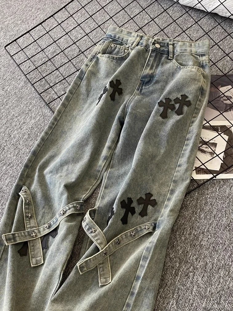 潮酷穿搭十字架直筒牛仔裤女2023年新款宽松显瘦高腰阔腿裤高街风