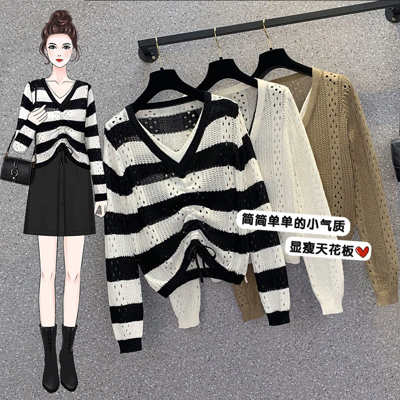 大码女装小众假两件v领镂空针织衫2023春季新款宽松抽绳长袖上衣