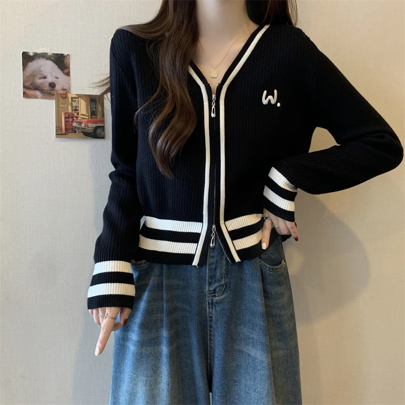 小香风短款毛衣外套女早秋大码微胖mm显瘦正肩双拉链针织开衫上衣