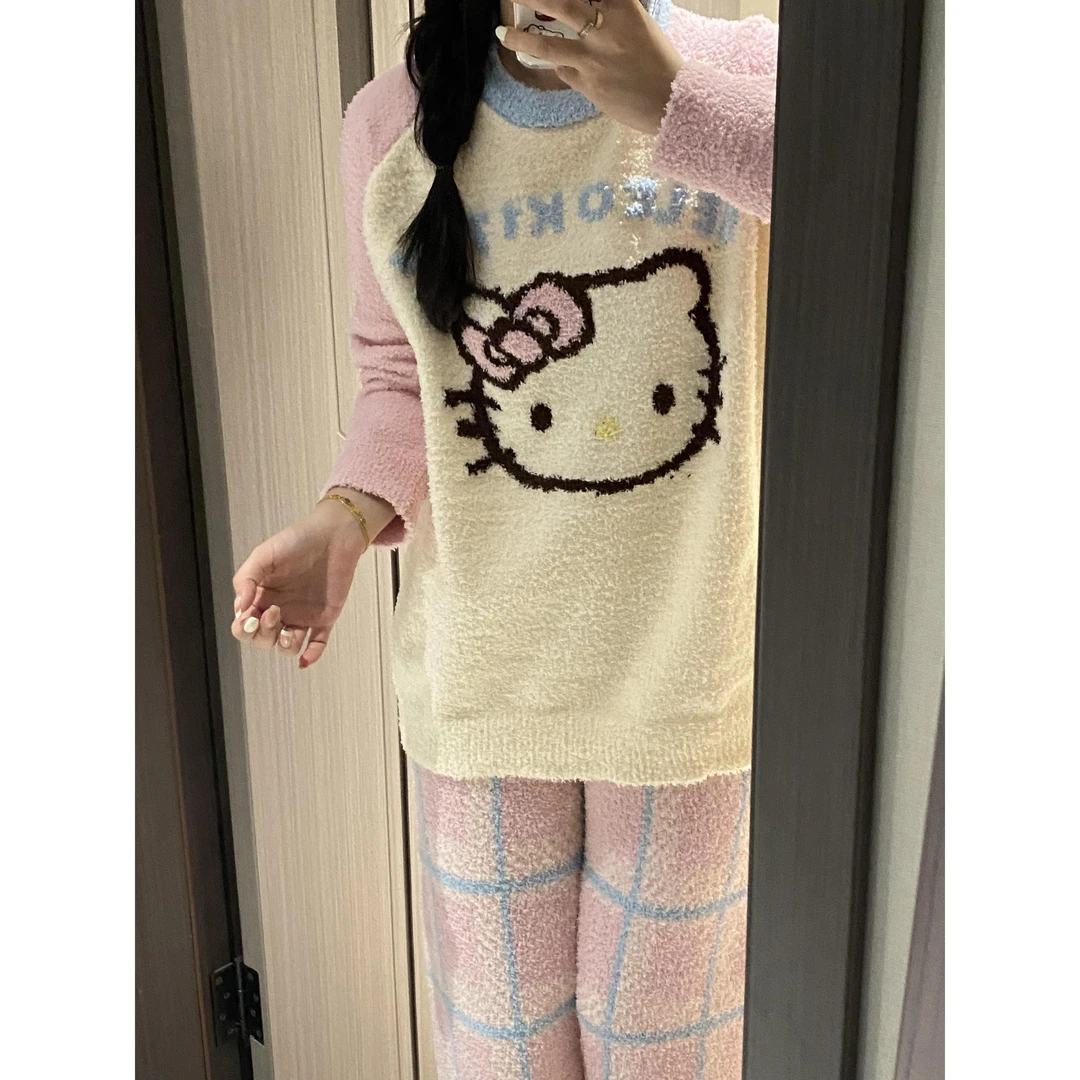 【爆款睡衣女】甜美风半边绒睡衣女新款凯蒂猫休闲家居服两件套