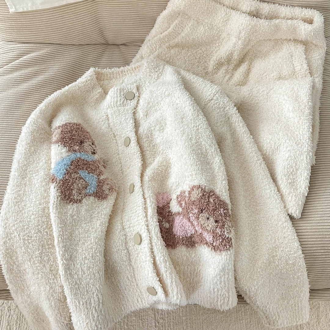 【爆款睡衣女】可爱风小熊半边绒睡衣女秋冬新款休闲家居服套装女