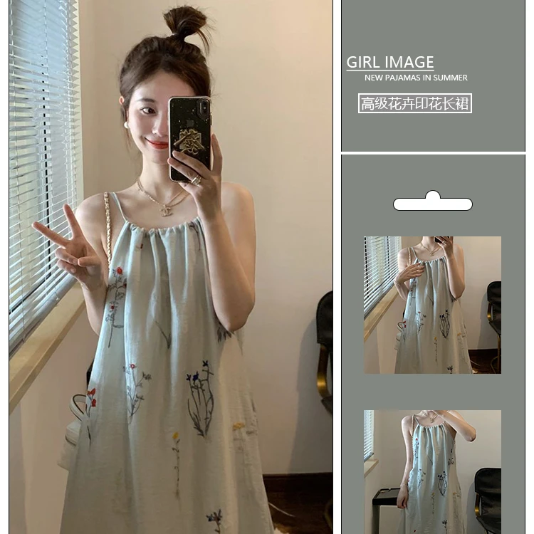新中式高级花卉印花纯欲吊带睡裙女款夏天2024新款小个子连衣裙
