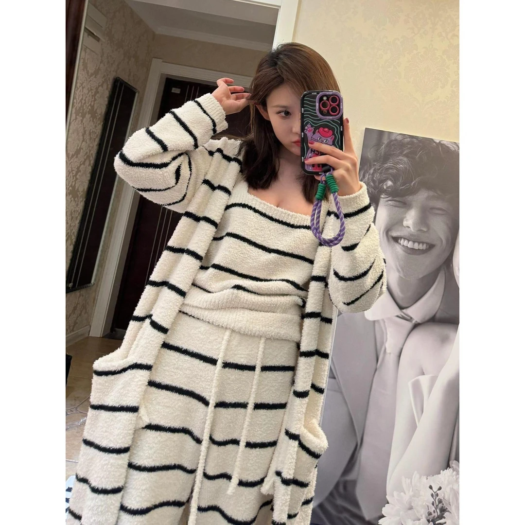 【条纹三件套】半边绒吊带睡衣女套装冬季加厚高级针织外穿家居服女