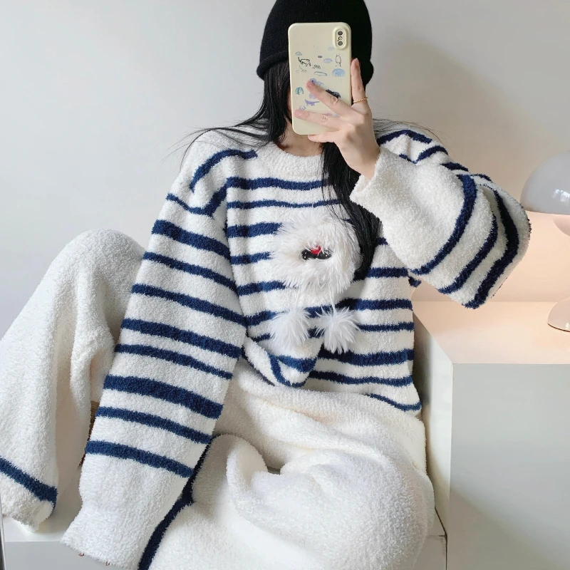 【毛绒小怪兽】韩版半边绒睡衣女冬款新款加厚保暖家居服套装女