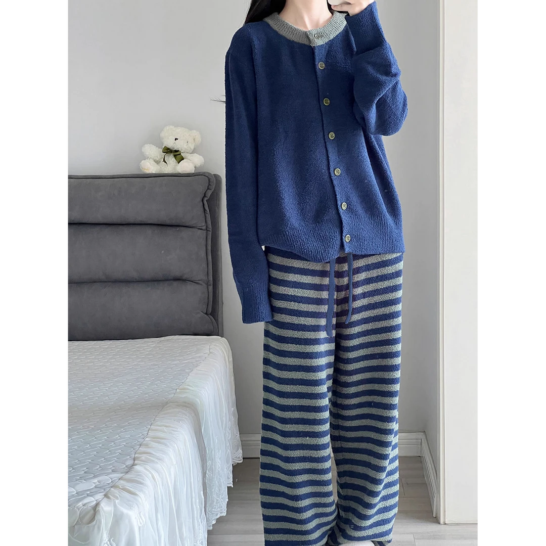 【爆款睡衣女】简约风条纹半边绒睡衣女冬季新款保暖休闲家居服