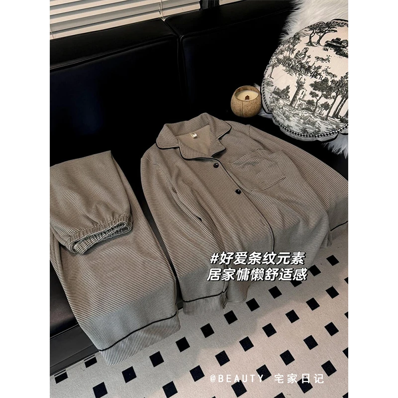 韩版条纹情侣德绒睡衣女士2024秋冬新款加厚长袖长裤家居服两件套