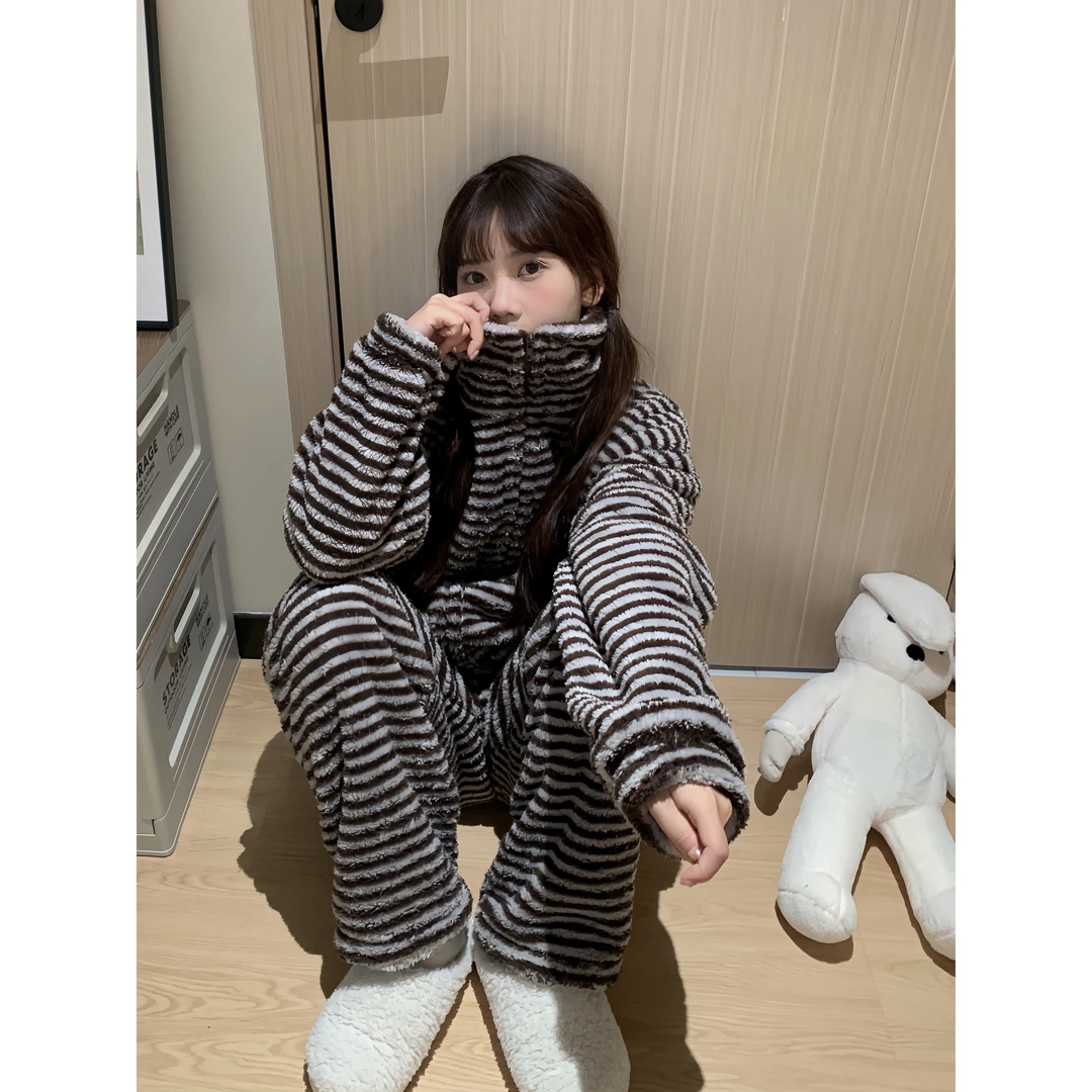 【高领条纹】韩版条纹珊瑚绒睡衣女套装秋冬季新款加厚保暖家居服