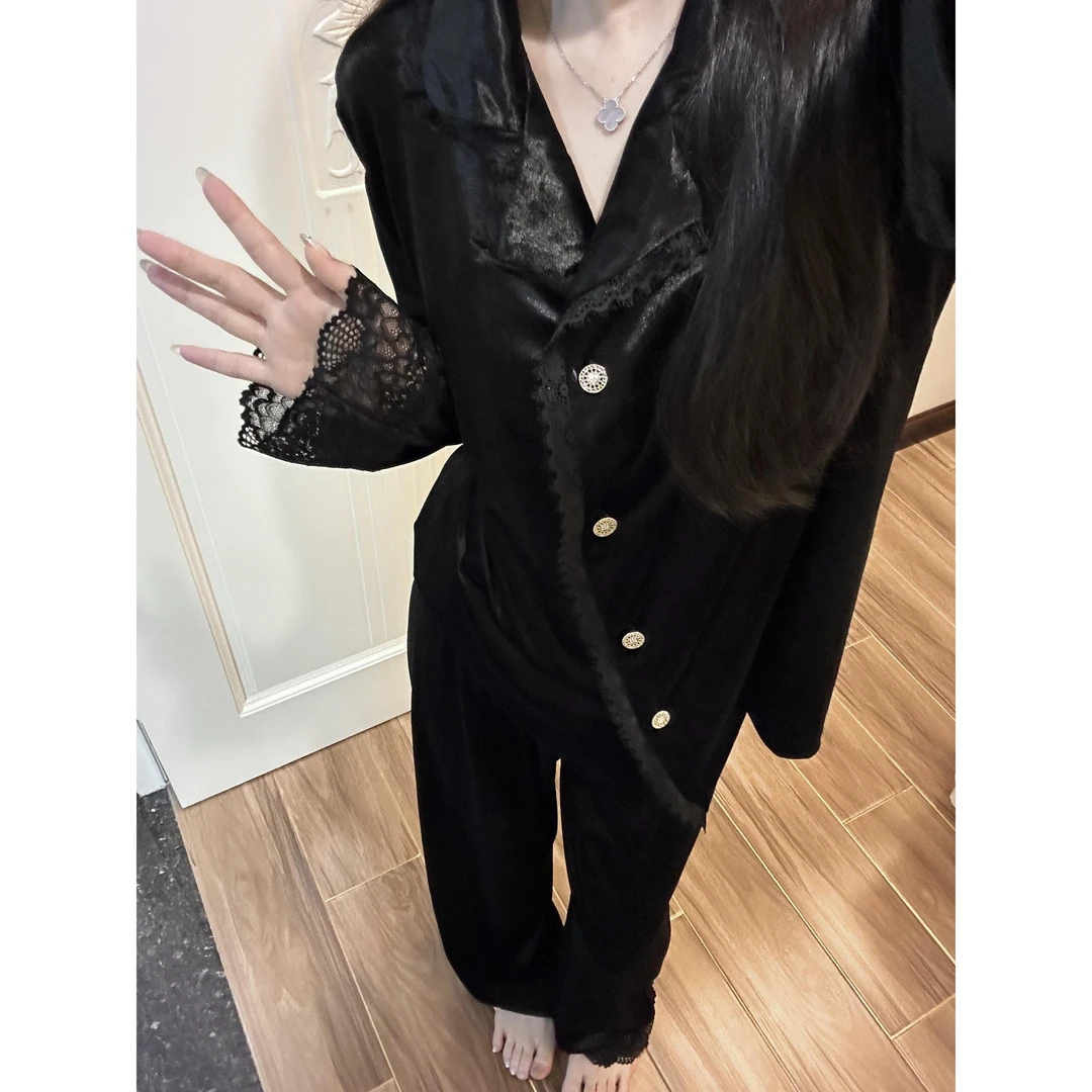 【黑色金丝绒】蕾丝边轻奢睡衣套装秋冬季新款加绒保暖外穿家居服