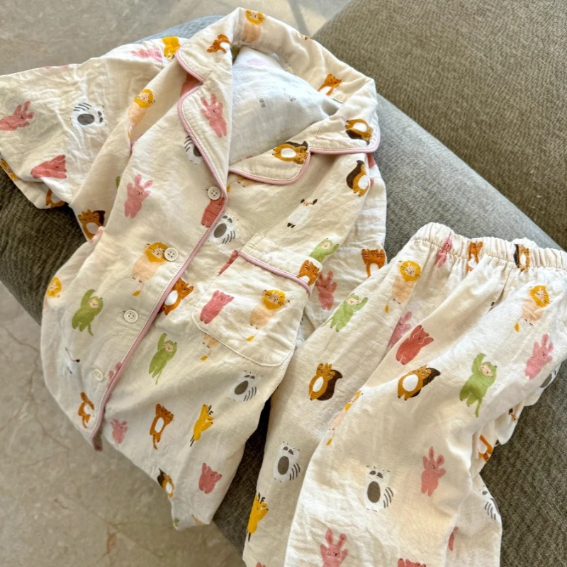 夏天卡通印花短袖睡衣女夏季2024新款凯蒂猫开衫短裤家居服两件套