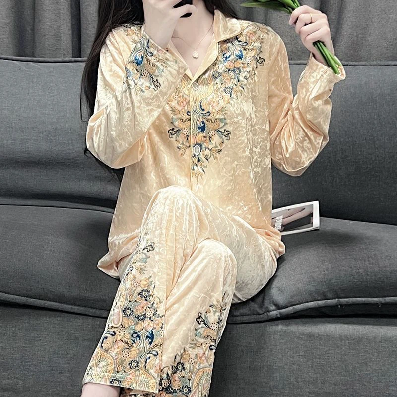 轻奢复古金丝绒睡衣女秋冬季长袖奢华网红金钻绒可外穿家居服套装