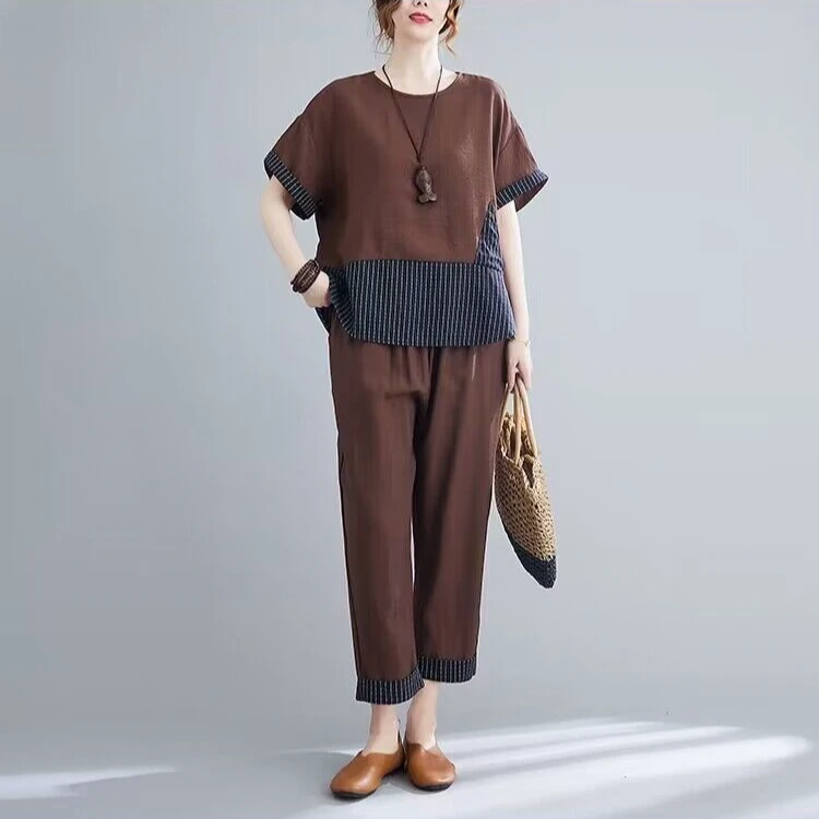 特大码新款夏季韩版百搭时尚胖mm遮肚显瘦宽松棉麻休闲减龄套装潮