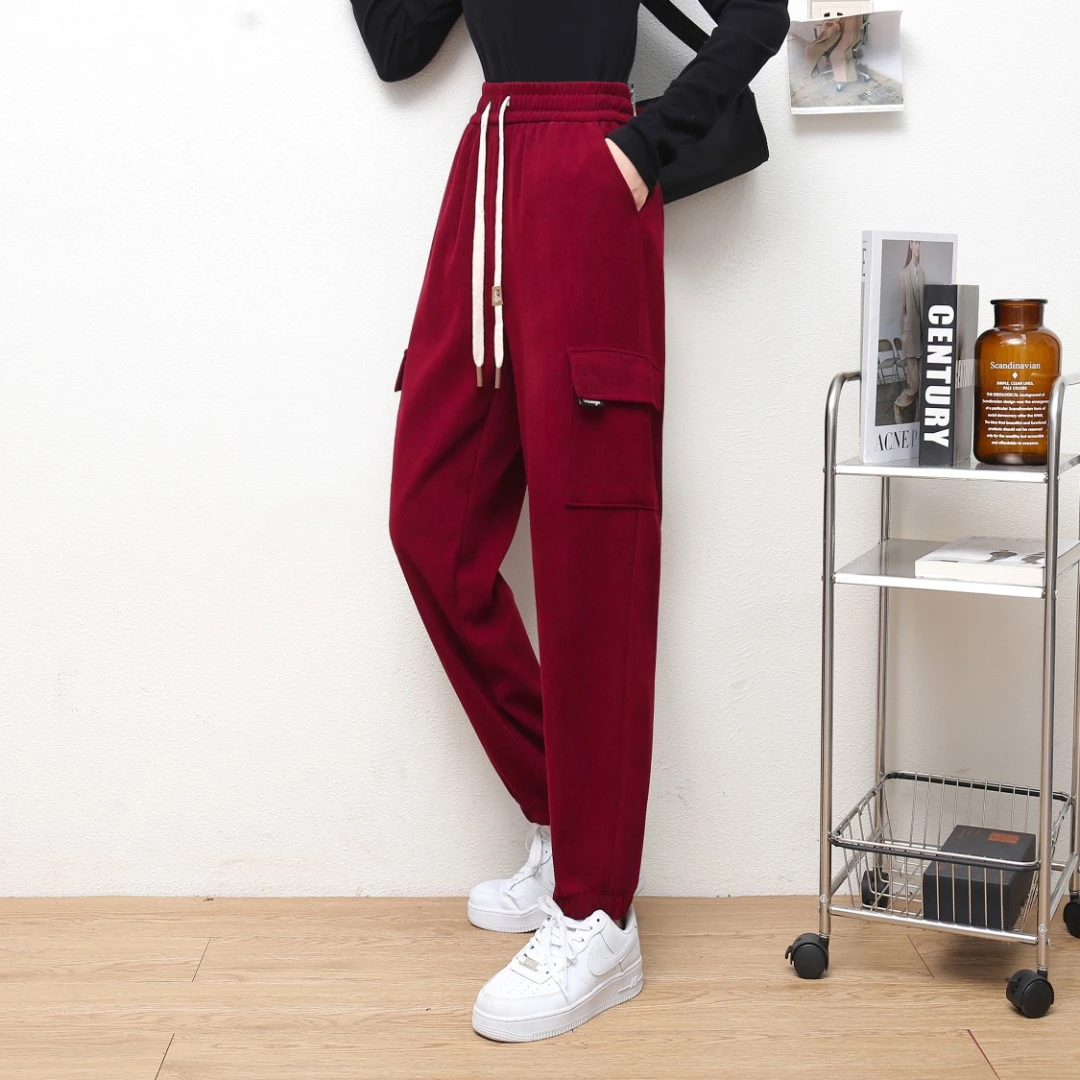 高腰工装裤大码春秋显瘦秋冬哈伦裤休闲加绒裤子8001