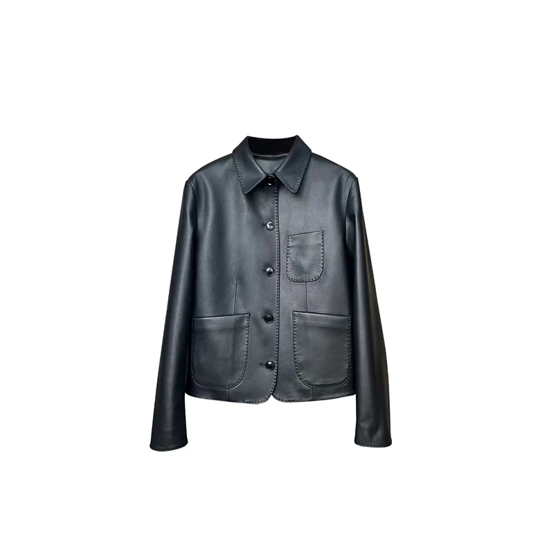 金名嘉2025春季新款洋气百搭翻领真皮皮衣时尚休闲百搭短款女0955