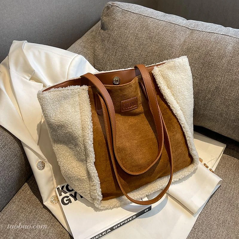 通勤大容量羊羔毛茸茸包包女2024新款秋冬季撞色单肩包手提托特包