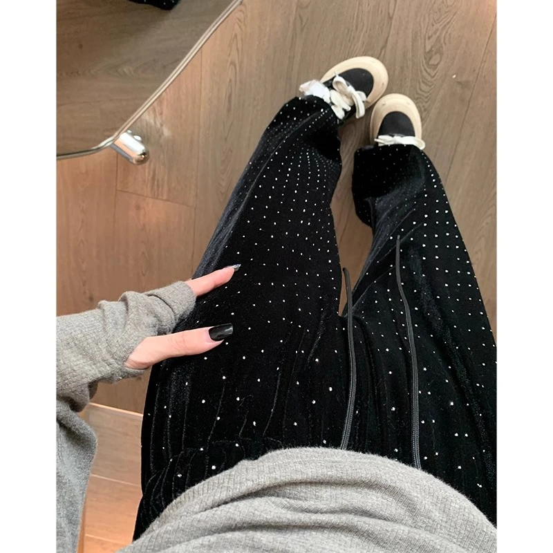 黑色重工烫钻丝绒直筒裤子女2024早秋款设计感小众休闲阔腿长裤