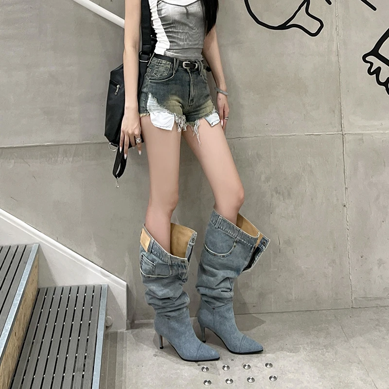 宽筒大筒围牛仔堆堆靴女2024秋冬新款尖头细高跟长靴不过膝高筒靴