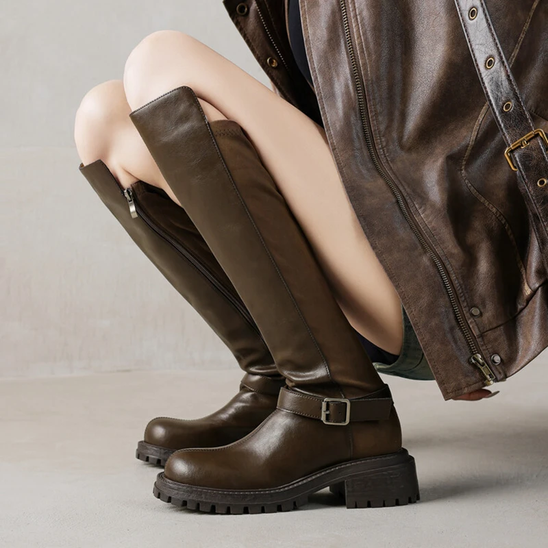 复古棕色西部牛仔靴女2024秋冬新款英伦风粗跟高筒骑士靴显瘦长靴