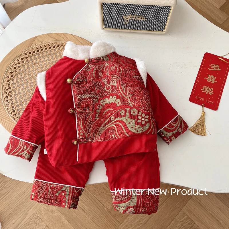 儿童拜年服套装0-6岁男童唐装棉服棉裤两件套女宝宝喜庆中国风